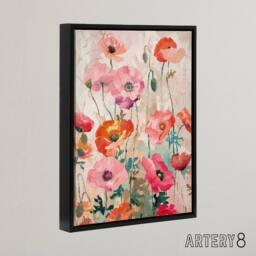 "Artery8 Poppy Flowers Floral Framed Canvas Wall Art Print in Pink - Size: W12"" x H16""" - thumbnail 2
