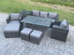 Fimous 8 Seater Outdoor Garden Furniture Set Patio Rattan Dining Table Lounge Sofa Chair Footstool in Dark Grey - thumbnail 2