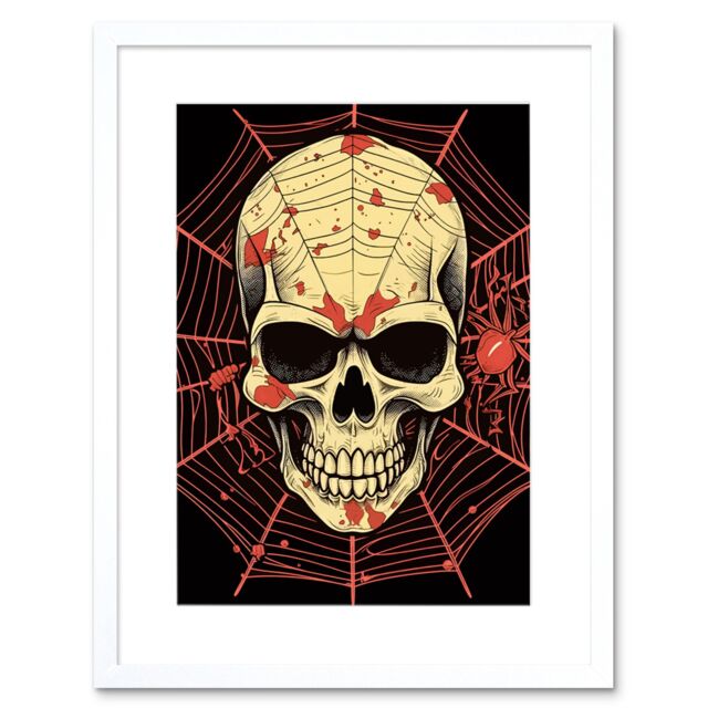 "Artery8 Wall Art Print Skull Spider Web Old School USA Tattoo Ink Body Rockabilly Americana 50s Artwork Framed 9X7 Inch in White - Size: W7"" x H9""" - image 1