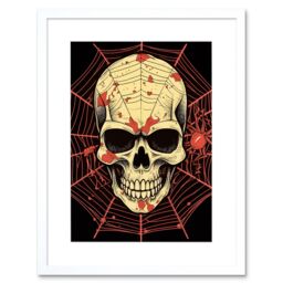 "Artery8 Wall Art Print Skull Spider Web Old School USA Tattoo Ink Body Rockabilly Americana 50s Artwork Framed 9X7 Inch in White - Size: W7"" x H9""" - thumbnail 1