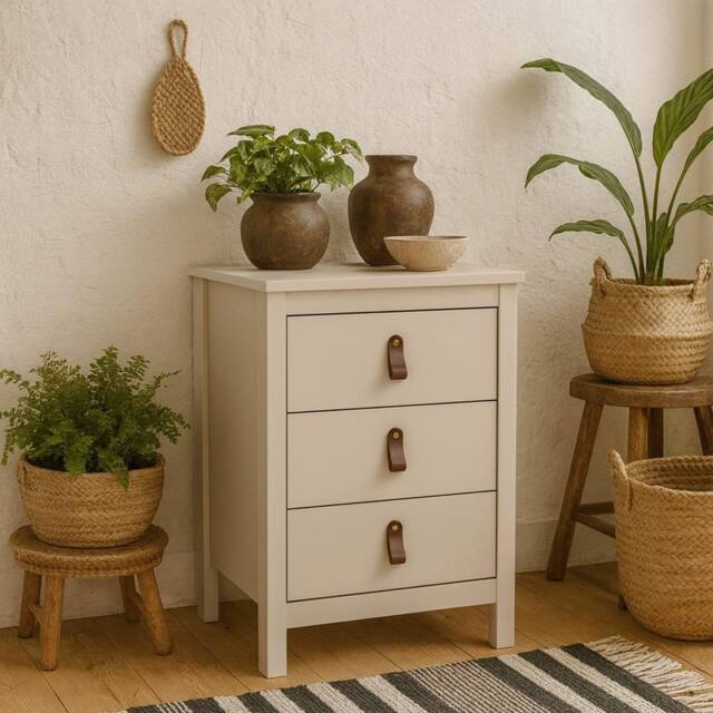 Wyld Haus Cashmere 3 Drawer Bedside Table Tall Raised Legs Switchable Handles in Cream - image 1