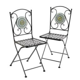 Home Source Bistro Table Set Blue Floral Mosaic Design 2 Chairs Outdoor Garden in Black - thumbnail 9