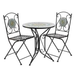 Home Source Bistro Table Set Blue Floral Mosaic Design 2 Chairs Outdoor Garden in Black - thumbnail 8