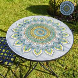 Home Source Bistro Table Set Blue Floral Mosaic Design 2 Chairs Outdoor Garden in Black - thumbnail 5