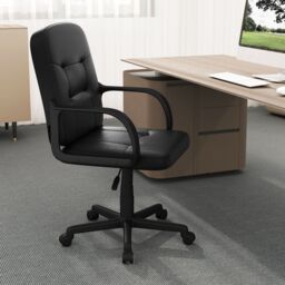 Costway Leather Office Chair PU Upholstered Swivel Chair w/Ergonomic Back in Black - thumbnail 7