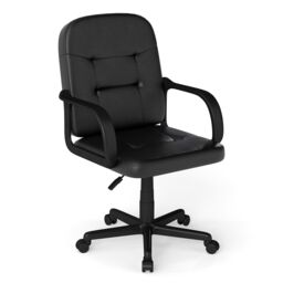 Costway Leather Office Chair PU Upholstered Swivel Chair w/Ergonomic Back in Black - thumbnail 1