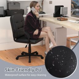 Costway Leather Office Chair PU Upholstered Swivel Chair w/Ergonomic Back in Black - thumbnail 9