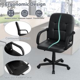 Costway Leather Office Chair PU Upholstered Swivel Chair w/Ergonomic Back in Black - thumbnail 5