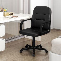 Costway Leather Office Chair PU Upholstered Swivel Chair w/Ergonomic Back in Black - thumbnail 6