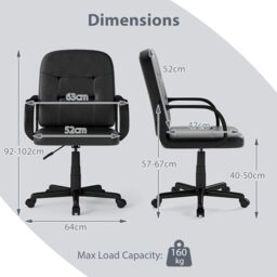 Costway Leather Office Chair PU Upholstered Swivel Chair w/Ergonomic Back in Black - thumbnail 2