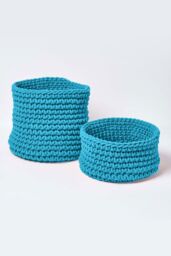 Homescapes Cotton Knitted Round Storage Basket, 37 x 21 cm in Teal - Size: Small - thumbnail 5