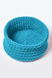 Homescapes Cotton Knitted Round Storage Basket, 37 x 21 cm in Teal - Size: Small - thumbnail 2