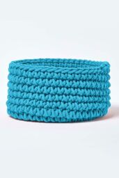 Homescapes Cotton Knitted Round Storage Basket, 37 x 21 cm in Teal - Size: Small