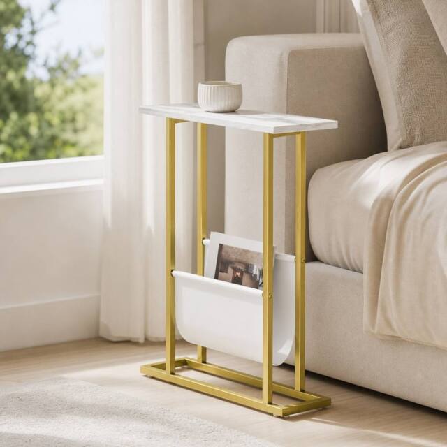 STILVORA Narrow Side Table with Fabric Shelf White - image 1