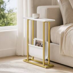 STILVORA Narrow Side Table with Fabric Shelf White - thumbnail 1