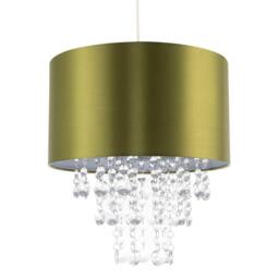 Happy Homewares Modern Olive Green Satin Fabric Pendant Shade with Clear Acrylic Drops - Size: 12 inches