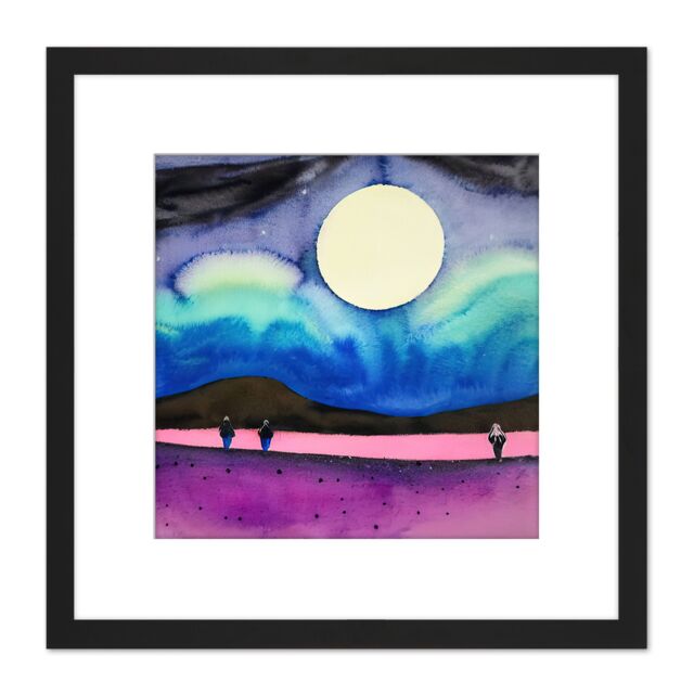 Artery8 Modern Watercolour Night Harvest Moon Landscape Square Wooden Framed Wall Art Print Picture 8X8 Inch in Black - image 1