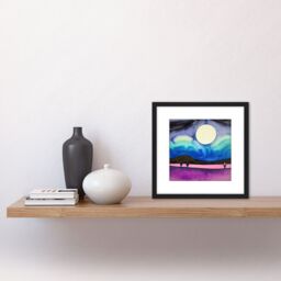 Artery8 Modern Watercolour Night Harvest Moon Landscape Square Wooden Framed Wall Art Print Picture 8X8 Inch in Black - thumbnail 2