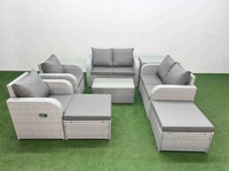 Fimous 8 Seater Outdoor Reclining Chair Love Sofa Set Rattan Garden Furniture Set with Rectangular Coffee Table 2 Big FootStools Side Table Light Grey - thumbnail 2