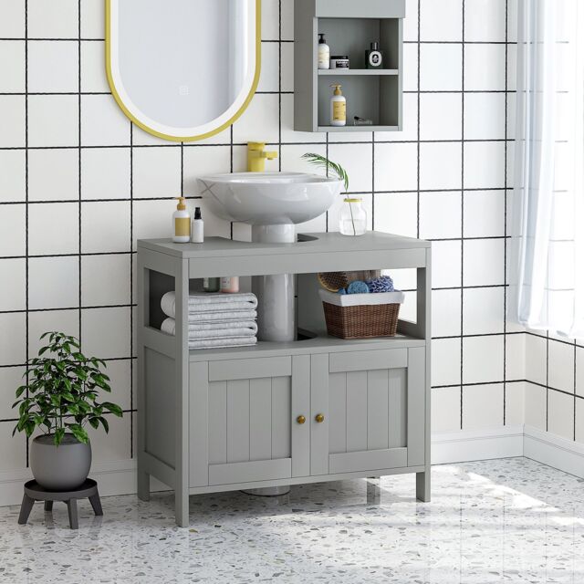 Kleankin Pedestal Under Sink Cabinet with Doors Bathroom Storage Organizer Unit in Grey - image 1