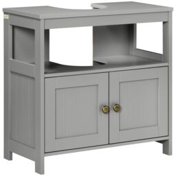 Kleankin Pedestal Under Sink Cabinet with Doors Bathroom Storage Organizer Unit in Grey - thumbnail 2
