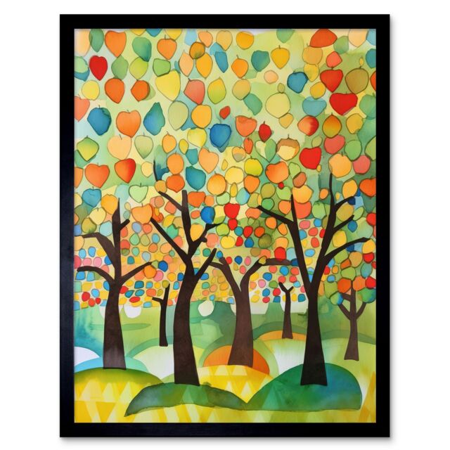 "Artery8 Wall Art Print Apple Tree Orchard Abstract Folk Art Landscape Watercolour Painting Art Framed in Black - Size: W12"" x H16""" - image 1