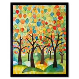 "Artery8 Wall Art Print Apple Tree Orchard Abstract Folk Art Landscape Watercolour Painting Art Framed in Black - Size: W12"" x H16""" - thumbnail 1