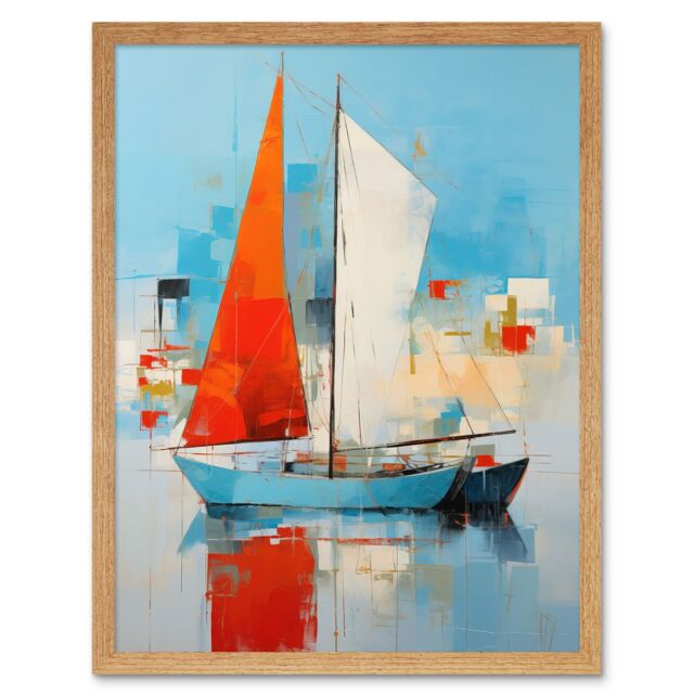 Artery8 Wall Art Print Abstract Sailing Boats Ships Oil Painting Palette Knife Bathroom Artwork Vibrant Orange Blue Harbor Seascape Art Framed - image 1