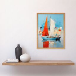 Artery8 Wall Art Print Abstract Sailing Boats Ships Oil Painting Palette Knife Bathroom Artwork Vibrant Orange Blue Harbor Seascape Art Framed - thumbnail 2
