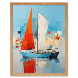Artery8 Wall Art Print Abstract Sailing Boats Ships Oil Painting Palette Knife Bathroom Artwork Vibrant Orange Blue Harbor Seascape Art Framed - thumbnail 1