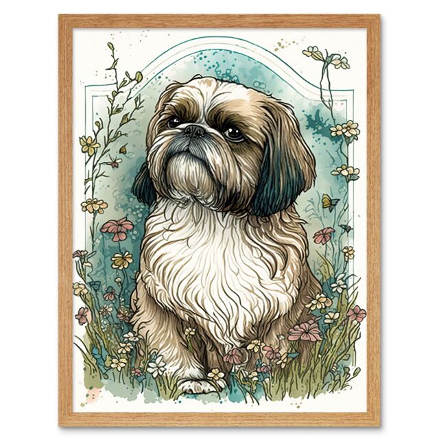 "Artery8 Wall Art Print Shih Tzu Dog with Wildflowers Modern Art Nouveau Inspired Art Framed in Light Oak - Size: W12"" x H16""" - image 1