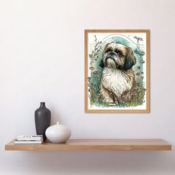 "Artery8 Wall Art Print Shih Tzu Dog with Wildflowers Modern Art Nouveau Inspired Art Framed in Light Oak - Size: W12"" x H16""" - thumbnail 2