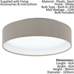 Loops Flush Ceiling Light Colour White Shade Taupe Fabric Bulb LED 11W Included - thumbnail 2