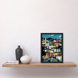 Artery8 Modern Vertical Cityscape in Blue Pink & Yellow Artwork Framed Wall Art Print A4 in Black - thumbnail 2