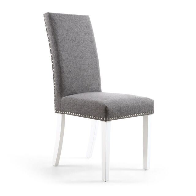 netfurniture RivendelLis Stud Detail Linen Effect Steel Grey Chair White Legs