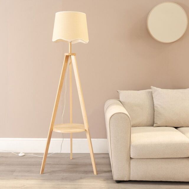 ValueLights Morrigan Natural Wood Tripod Floor Lamp Scallop White Trim Taper Shade - image 1