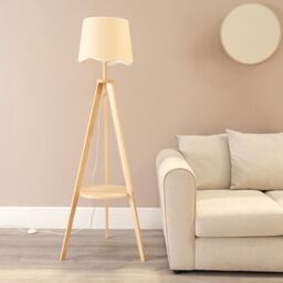 ValueLights Morrigan Natural Wood Tripod Floor Lamp Scallop White Trim Taper Shade - thumbnail 1