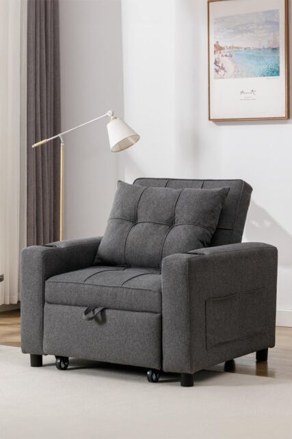 More4Homes Hudson 1-Seater Sofa Bed Linen Fabric with Cup Holders in Grey - image 1