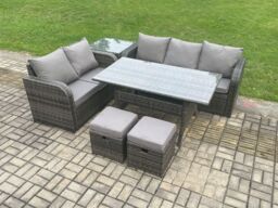 Fimous Outdoor Garden Patio Furniture Wicker Rattan Oblong Rectangular Dining Table & Lounge Sofa set with Side Table 2 Small Footstools in Dark Grey - thumbnail 2
