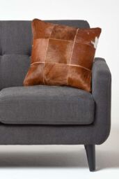 Homescapes Beige Real Leather & Goat Hair Large Check Cushion with Feather Filling - Size: 45 cm x 45 cm - thumbnail 4