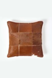 Homescapes Beige Real Leather & Goat Hair Large Check Cushion with Feather Filling - Size: 45 cm x 45 cm