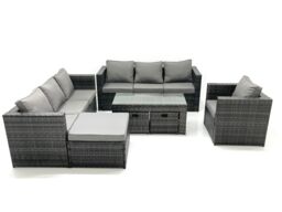 Fimous Outdoor Garden Furniture Set 10 Seater Rattan Sofa Set with Coffee Table 3 Big Footstools Armchair Dark Grey Mixed - thumbnail 1