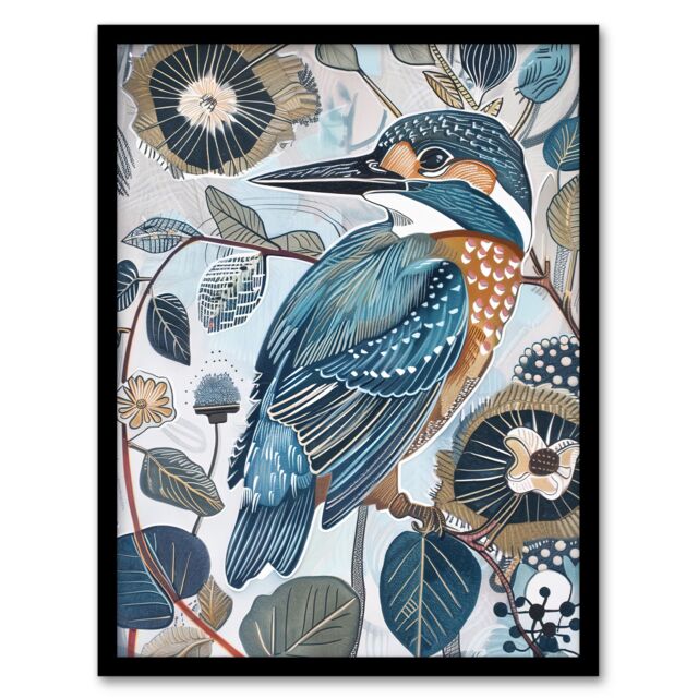 "Artery8 Kingfisher Bird Wildflowers Artwork Blue Floral Framed Art Print - Size: W12"" x H16""" - image 1