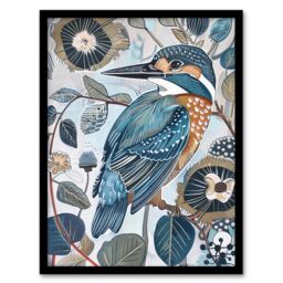 "Artery8 Kingfisher Bird Wildflowers Artwork Blue Floral Framed Art Print - Size: W12"" x H16""" - thumbnail 1