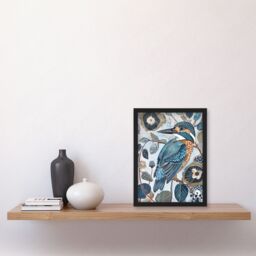 "Artery8 Kingfisher Bird Wildflowers Artwork Blue Floral Framed Art Print - Size: W12"" x H16""" - thumbnail 4