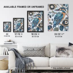 "Artery8 Kingfisher Bird Wildflowers Artwork Blue Floral Framed Art Print - Size: W12"" x H16""" - thumbnail 3