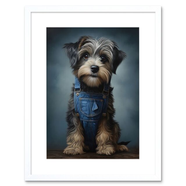 "Artery8 Wall Art Print Adorable Snorkie Dog in Blue Jean Dungarees Realistic Artwork Fun Pet Portrait Artwork Framed 9X7 Inch - Size: W7"" x H9""" - image 1