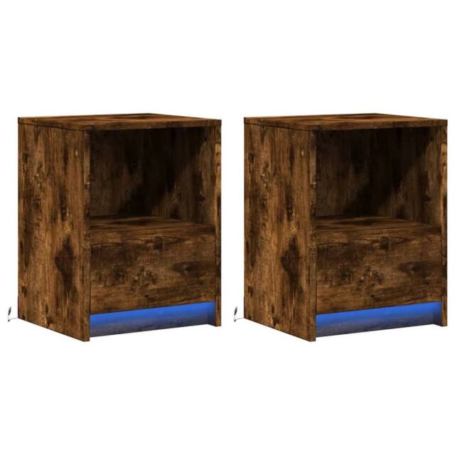 Berkfield Home Stylish Bedside Cabinets with LED Lights 2 pcs Smoked Oak Enginee in Brown - image 1