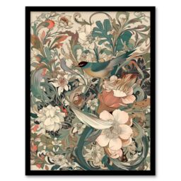 Artery8 Wall Art Print A Bird In An Abstract Oasis Of Delicate Flowers Pastel Colour Painting Teal White Pink Wildflower Spring Blooms Art Framed - thumbnail 1