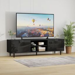 Moderna Black TV Stand for Smart TV, 140cm High Gloss TV Stand Cabinet with Tall Legs - thumbnail 2